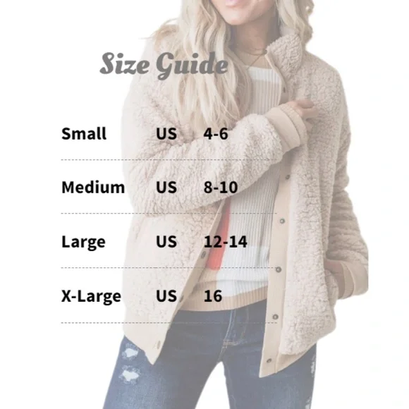 Sherpa Fleece Jacket Warm Long Sleeve Button Down Fuzzy Faux Wool with Pockets S - Picture 9 of 12